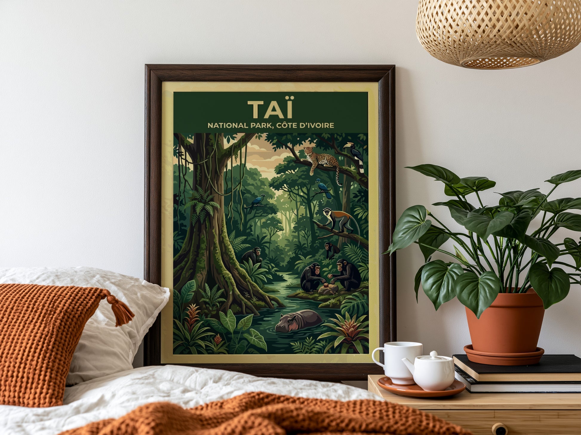 Taï National Park poster featuring jungle wildlife, vibrant greens, and playful monkeys in a lush setting.