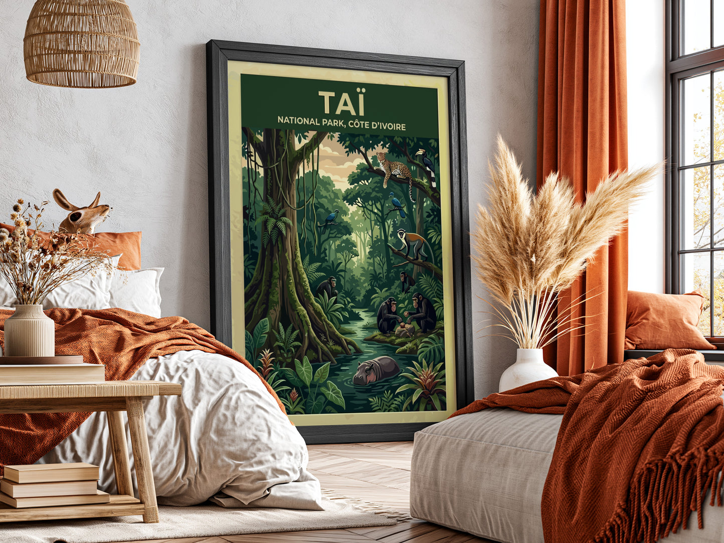 Taï National Park poster featuring jungle wildlife, vibrant greens, and playful monkeys in a lush setting.