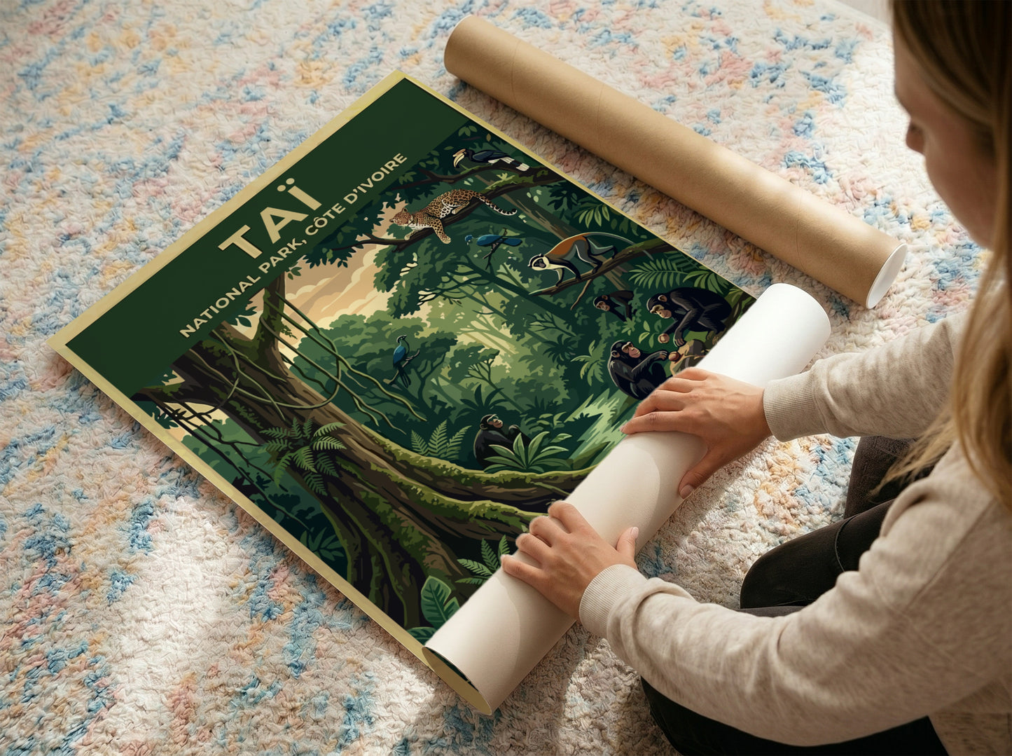 Taï National Park poster featuring jungle wildlife, vibrant greens, and playful monkeys in a lush setting.
