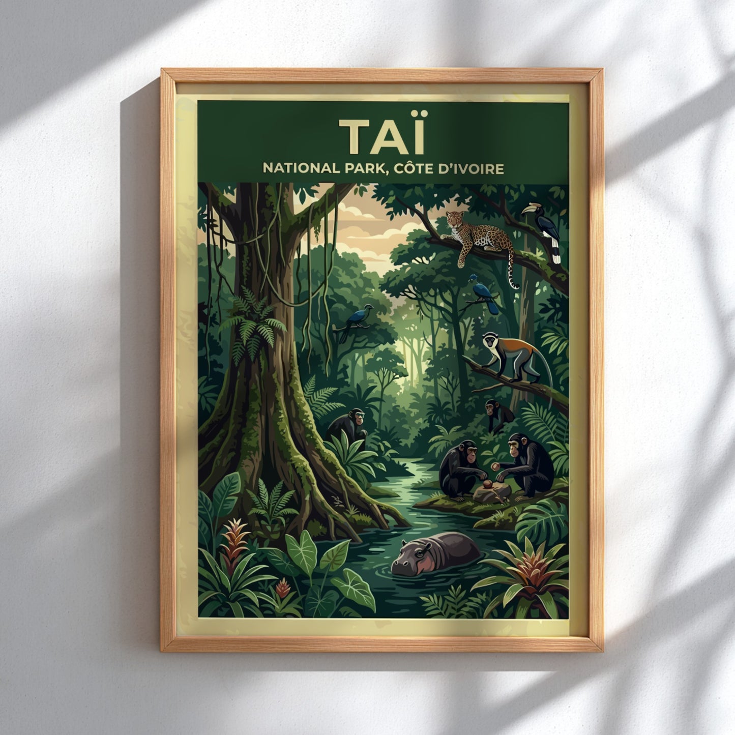 Taï National Park poster featuring jungle wildlife, vibrant greens, and playful monkeys in a lush setting.