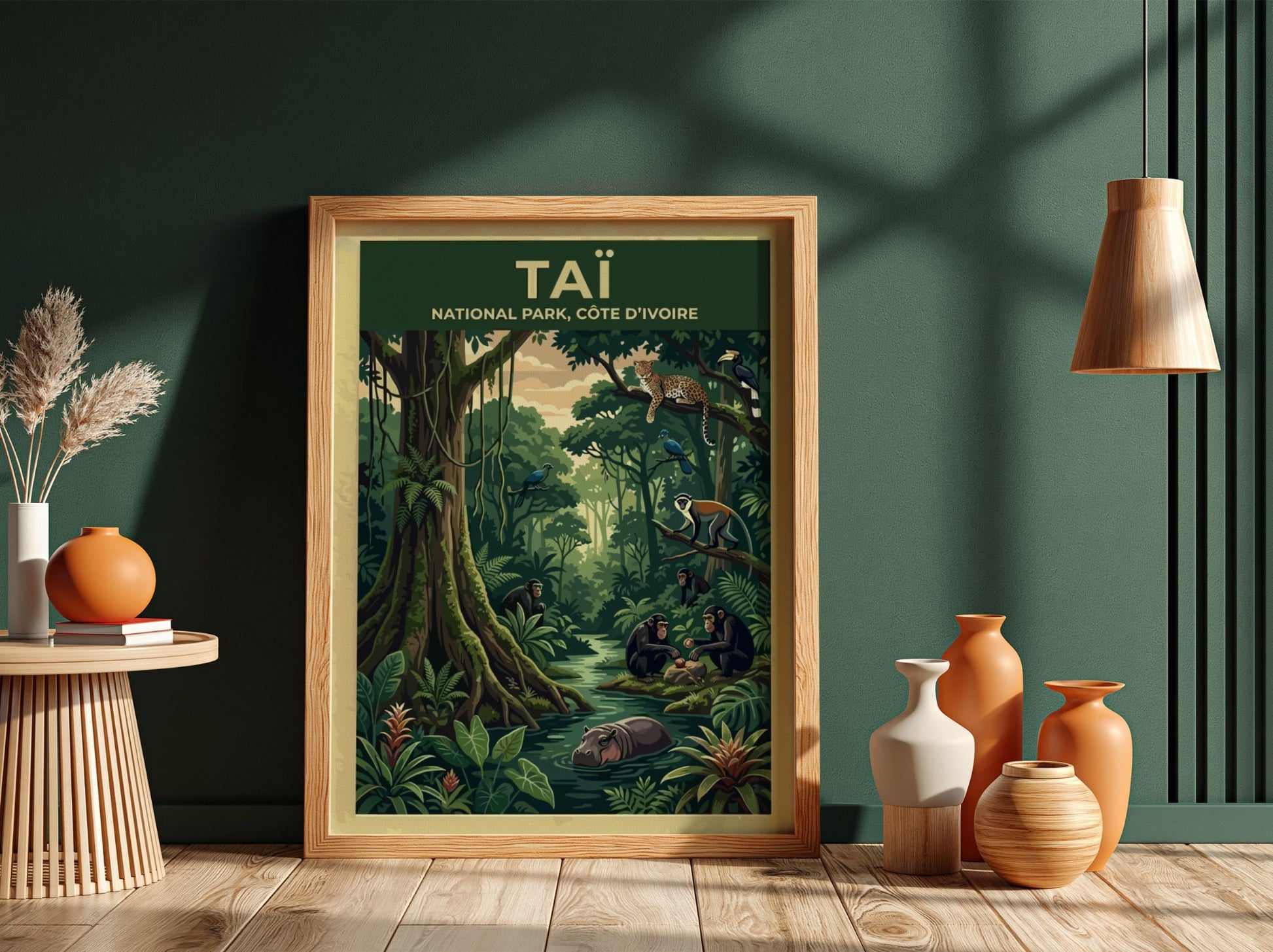 Taï National Park poster featuring jungle wildlife, vibrant greens, and playful monkeys in a lush setting.