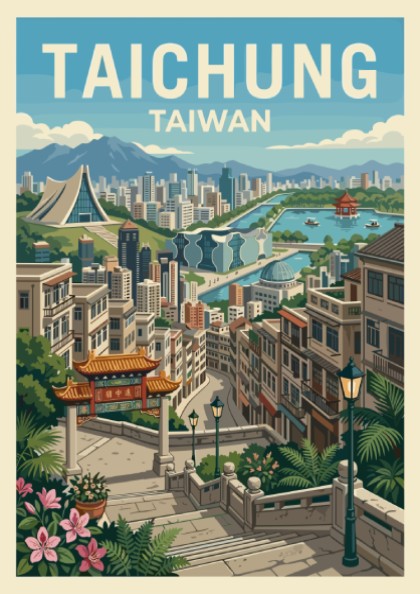 Taichung Taiwan travel poster with cityscape illustration in a retro style, featuring buildings, water, and