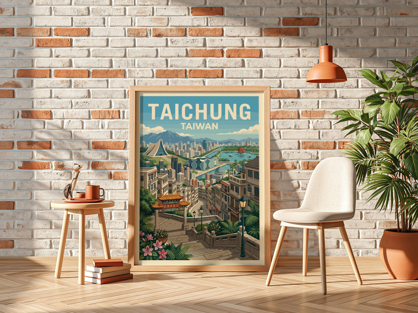 Taichung Taiwan travel poster with cityscape illustration in a retro style, featuring buildings, water, and