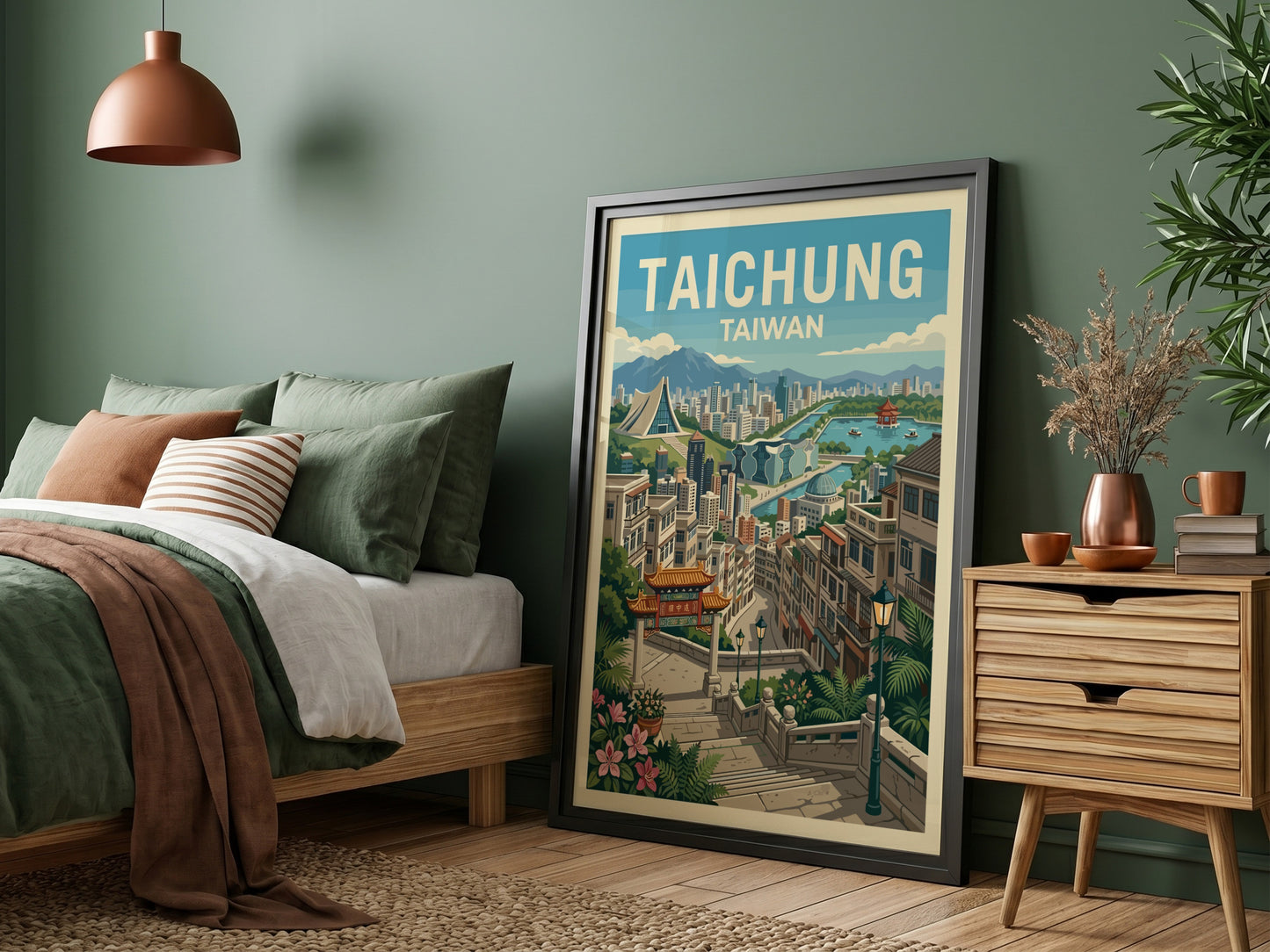 Taichung Taiwan travel poster with cityscape illustration in a retro style, featuring buildings, water, and