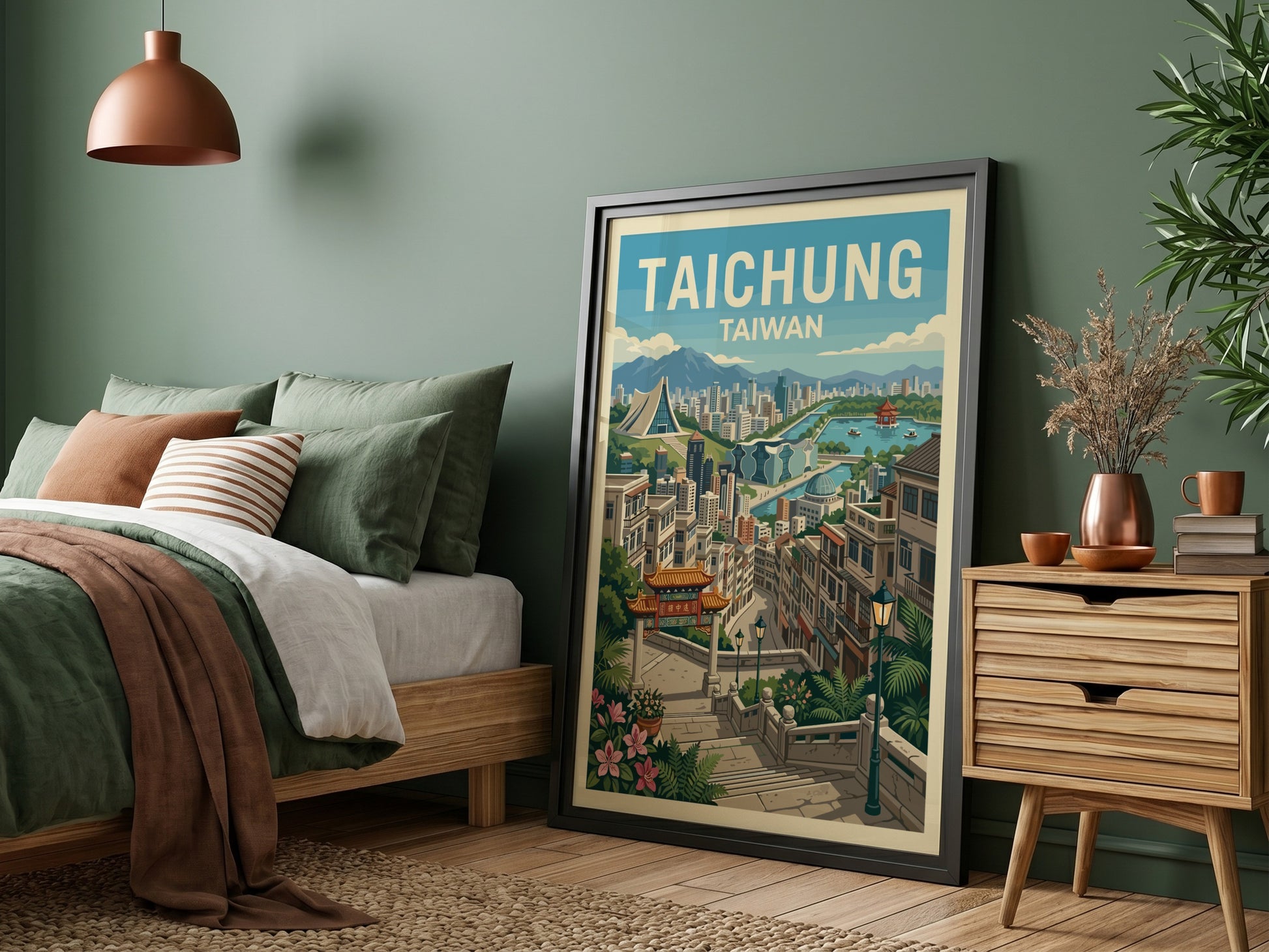 Taichung Taiwan travel poster with cityscape illustration in a retro style, featuring buildings, water, and