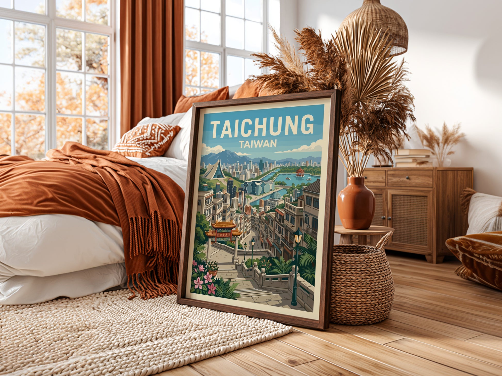 Taichung Taiwan travel poster with cityscape illustration in a retro style, featuring buildings, water, and