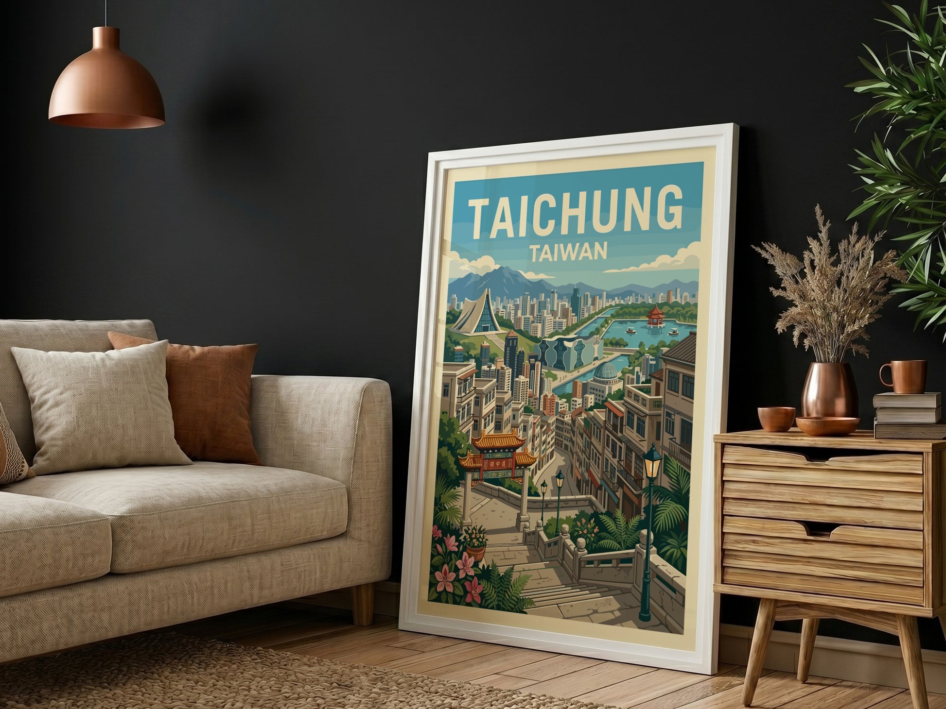 Taichung Taiwan travel poster with cityscape illustration in a retro style, featuring buildings, water, and
