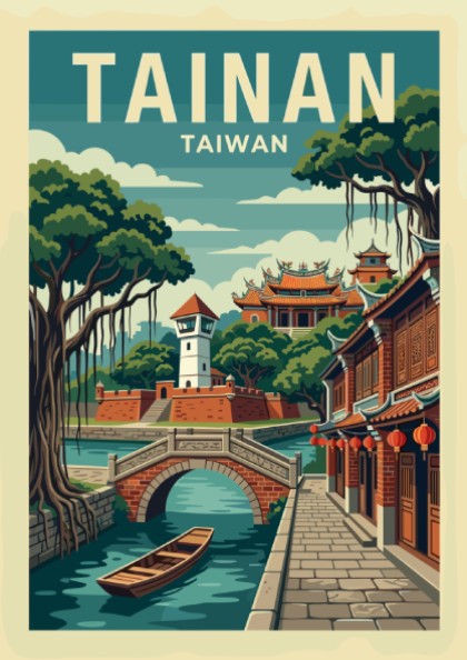 Tainan, Taiwan travel poster with retro illustration of a canal, bridge, and traditional buildings.