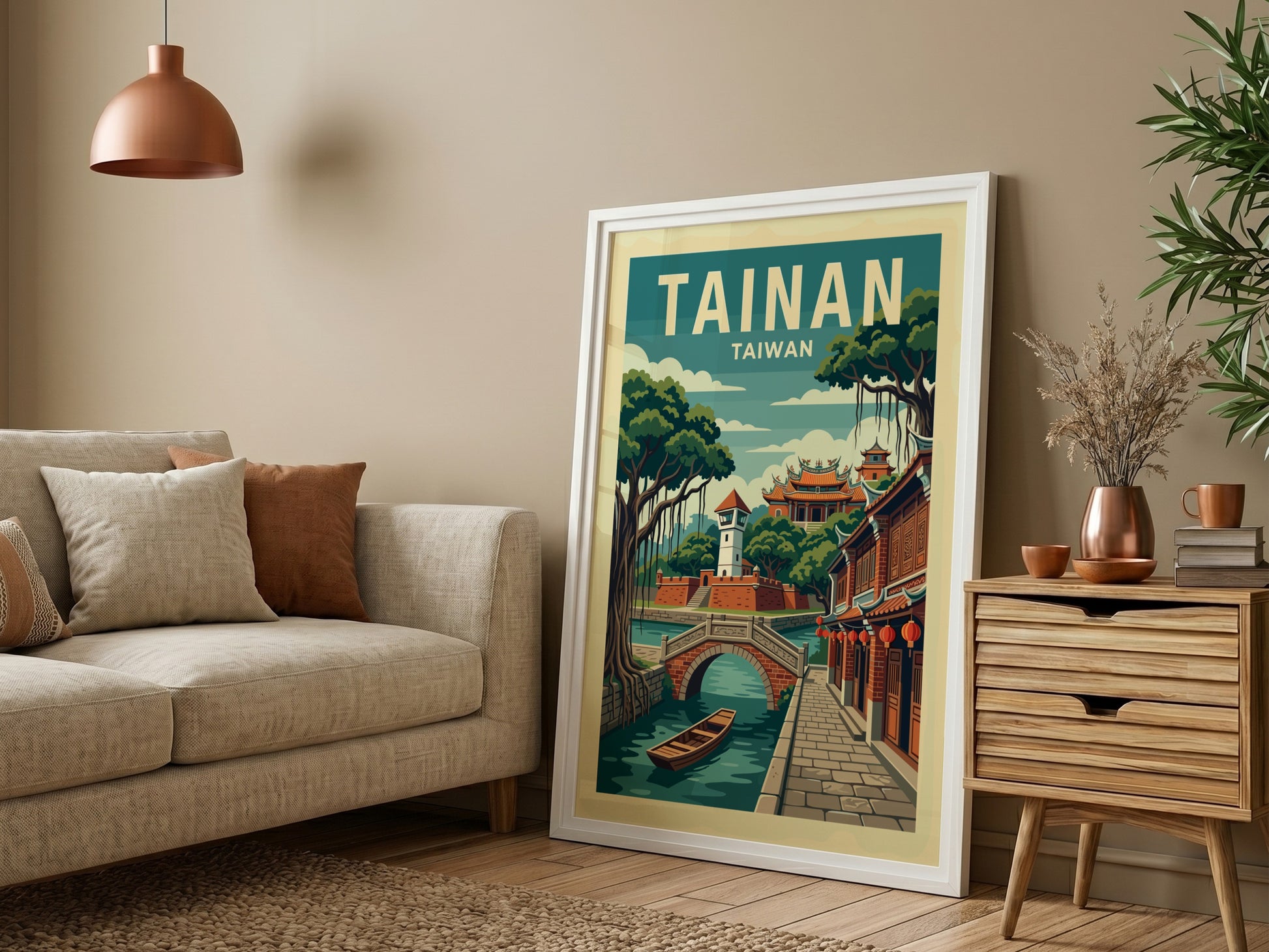 Tainan, Taiwan travel poster with retro illustration of a canal, bridge, and traditional buildings.