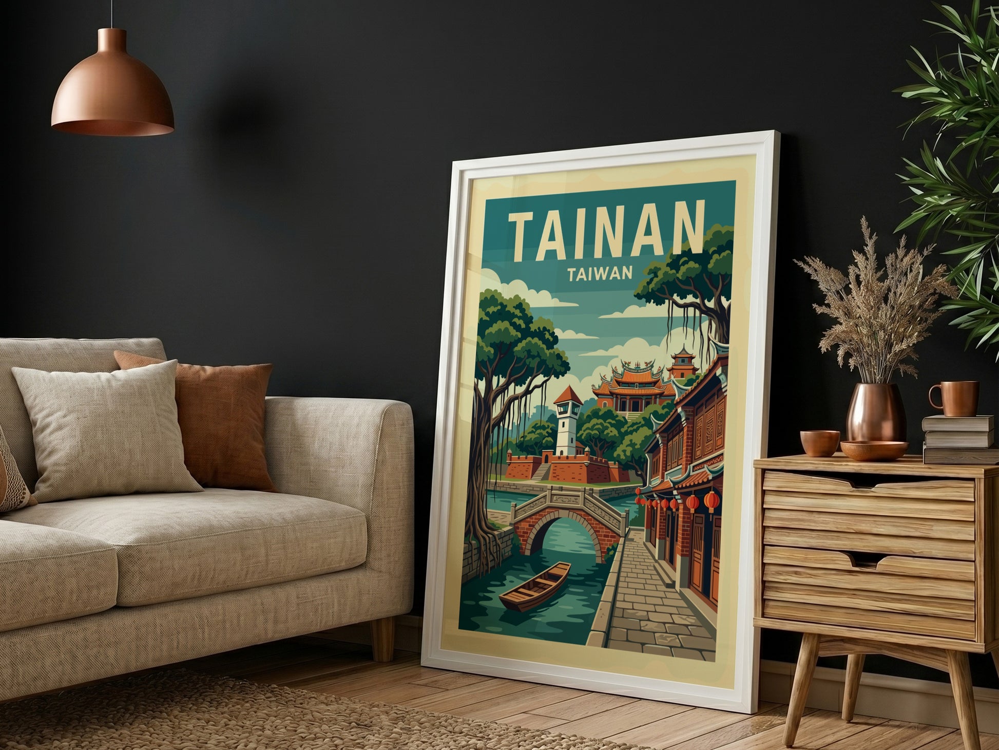 Tainan, Taiwan travel poster with retro illustration of a canal, bridge, and traditional buildings.