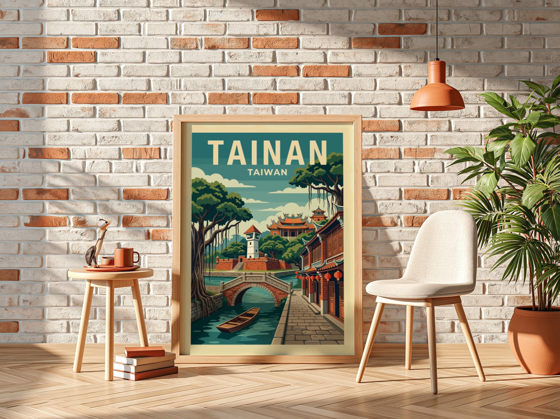 Tainan, Taiwan travel poster with retro illustration of a canal, bridge, and traditional buildings.