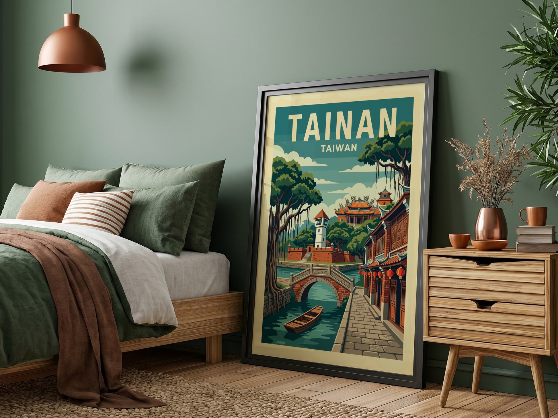 Tainan, Taiwan travel poster with retro illustration of a canal, bridge, and traditional buildings.