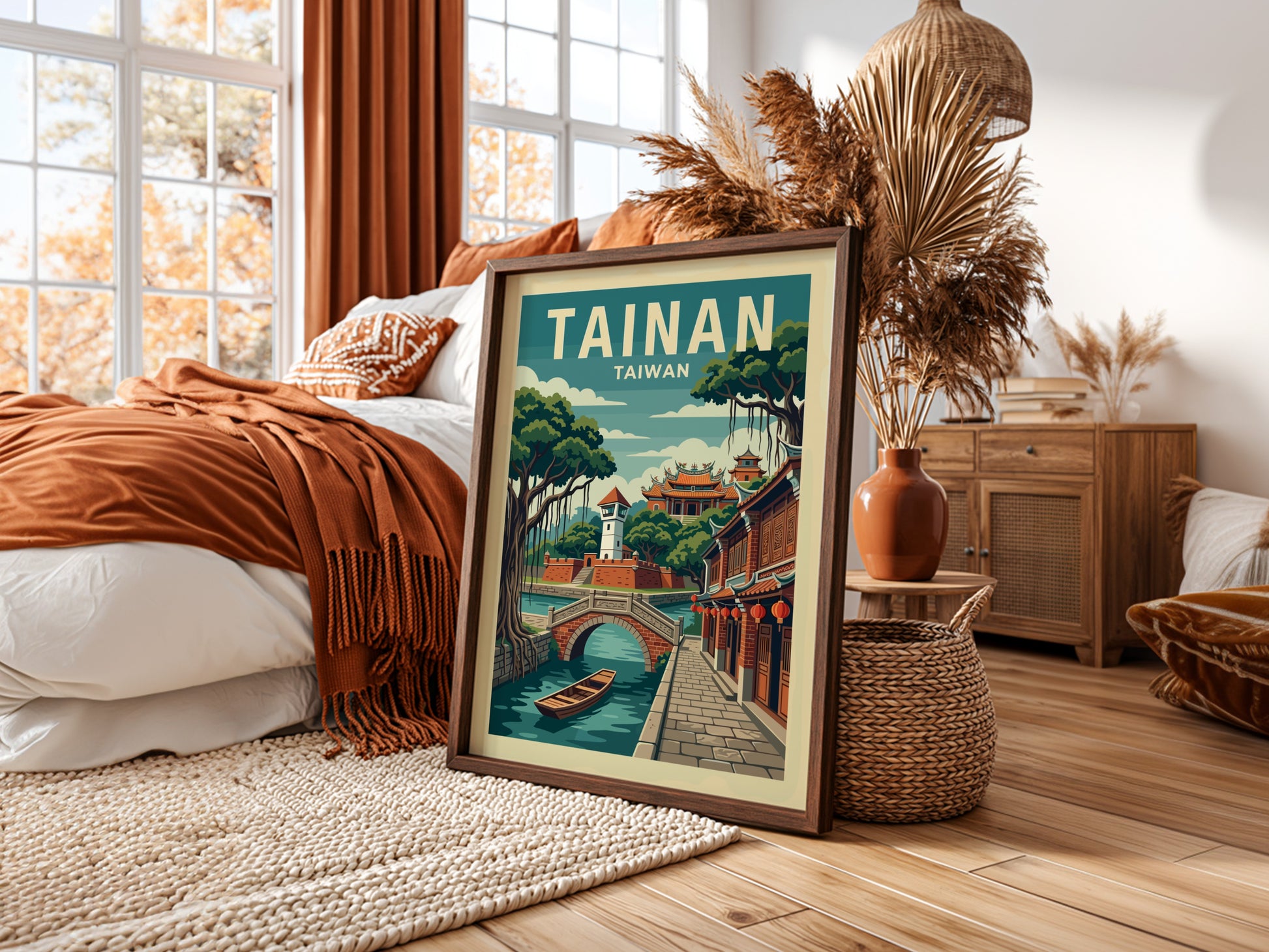 Tainan, Taiwan travel poster with retro illustration of a canal, bridge, and traditional buildings.