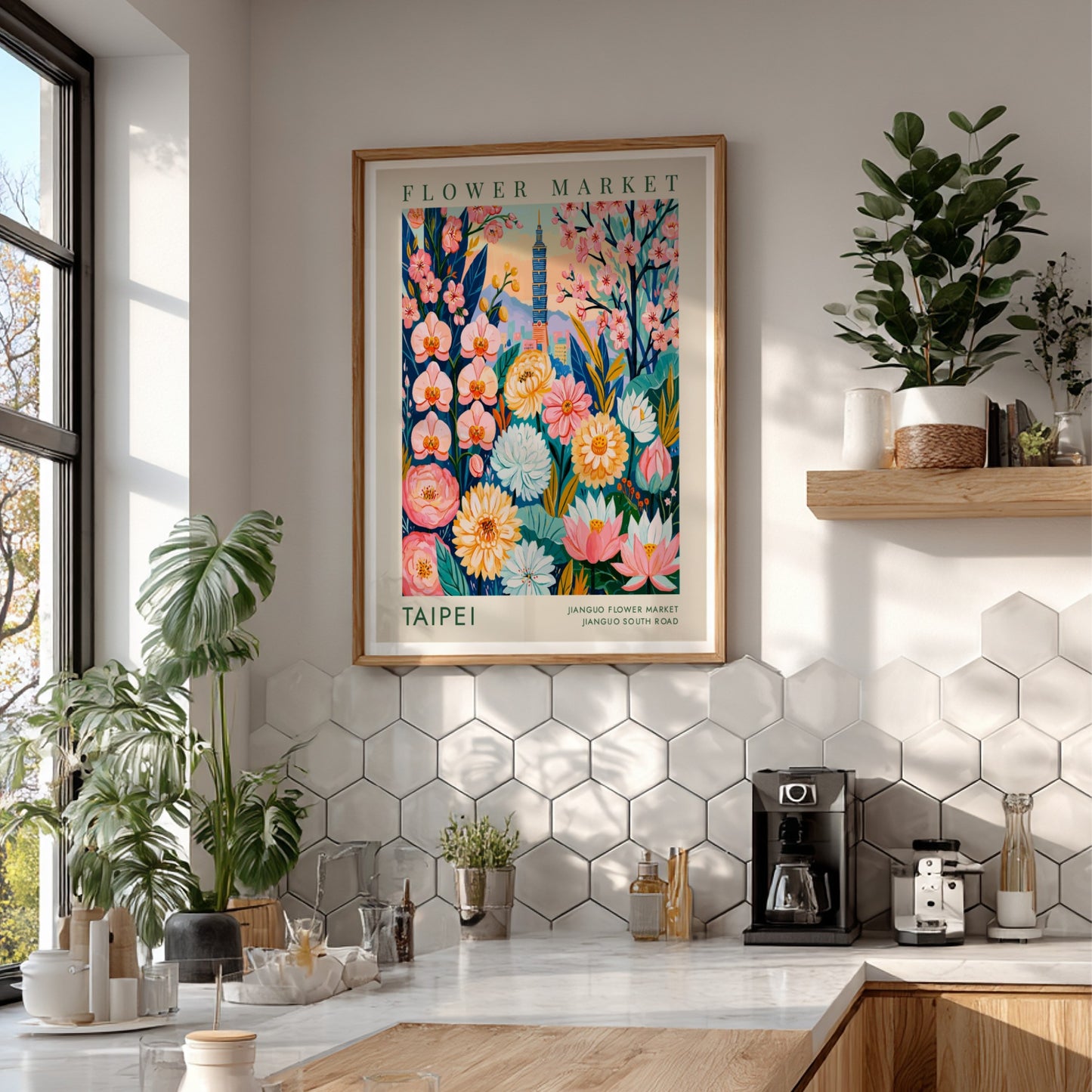 Flower market poster showcasing Taipei's blooms and city skyline in vibrant colors