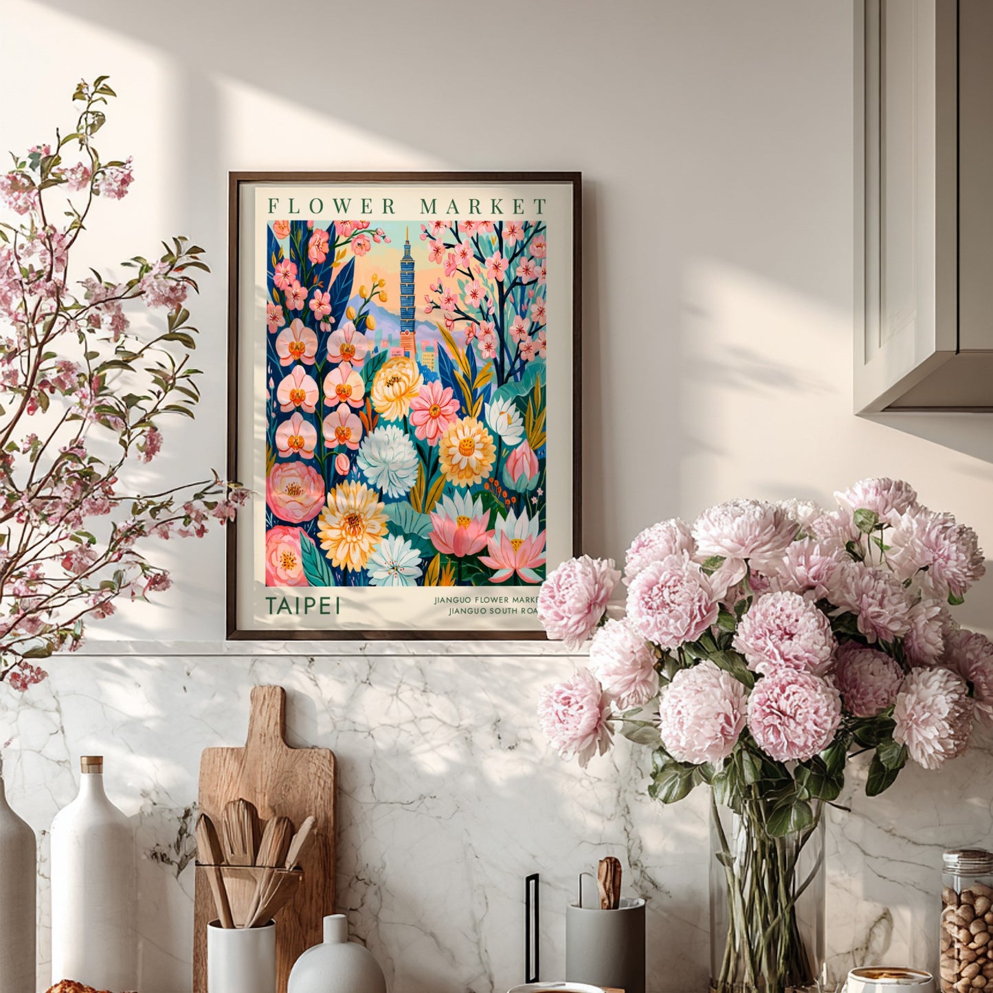 Flower market poster showcasing Taipei's blooms and city skyline in vibrant colors