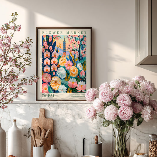 Flower market poster showcasing Taipei's blooms and city skyline in vibrant colors