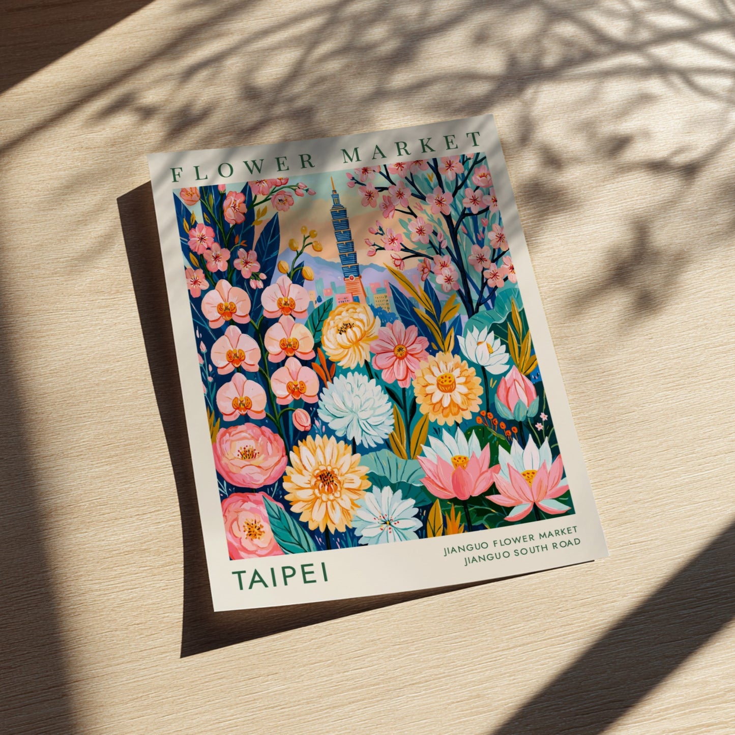 Flower market poster showcasing Taipei's blooms and city skyline in vibrant colors