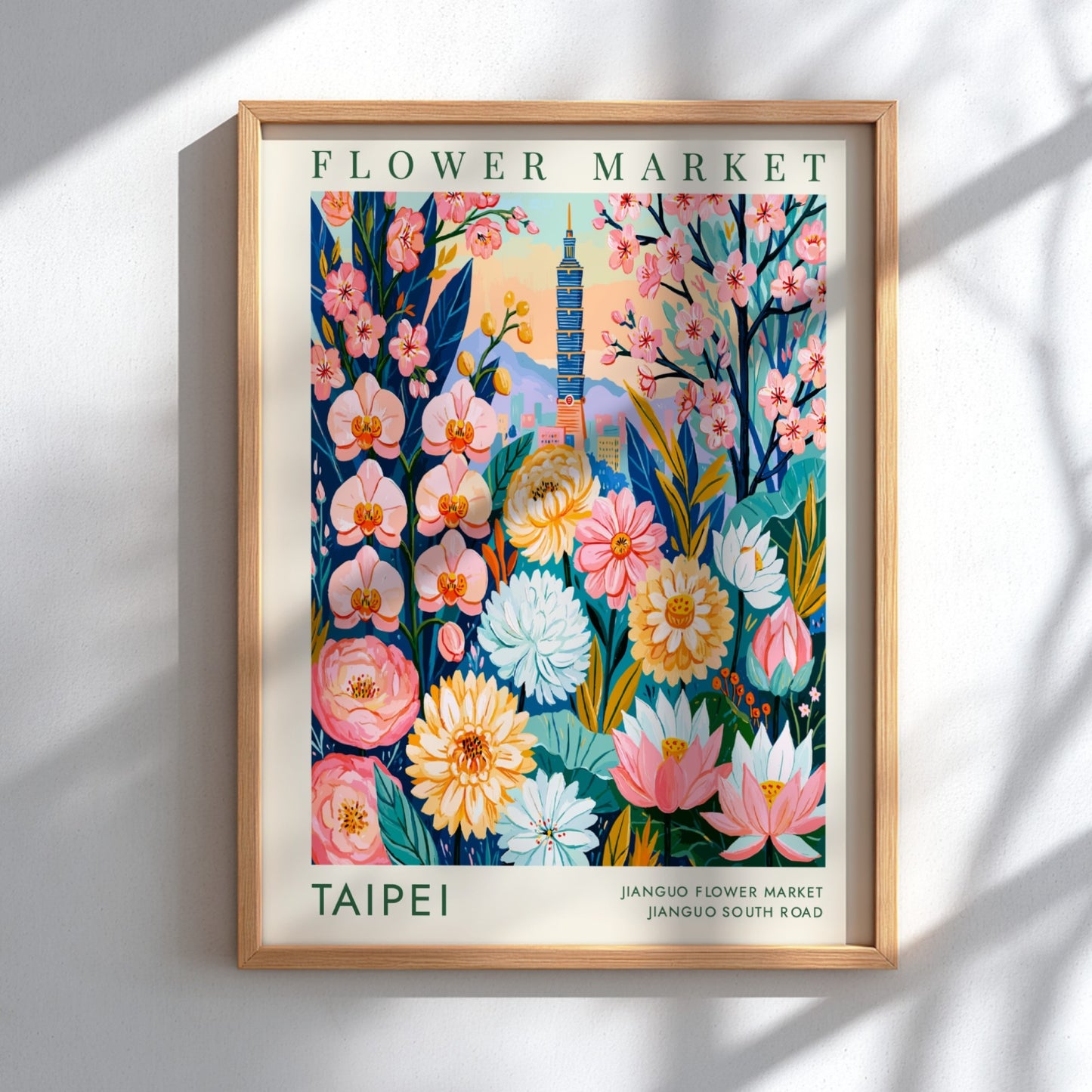 Flower market poster showcasing Taipei's blooms and city skyline in vibrant colors