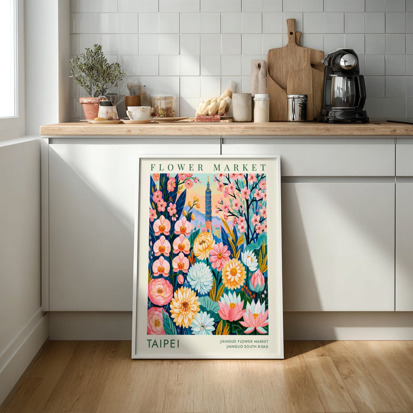 Flower market poster showcasing Taipei's blooms and city skyline in vibrant colors