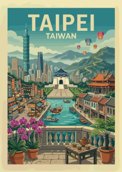 Taipei travel poster featuring a detailed illustration of the Taiwan cityscape with Taipei 101 and a canal.