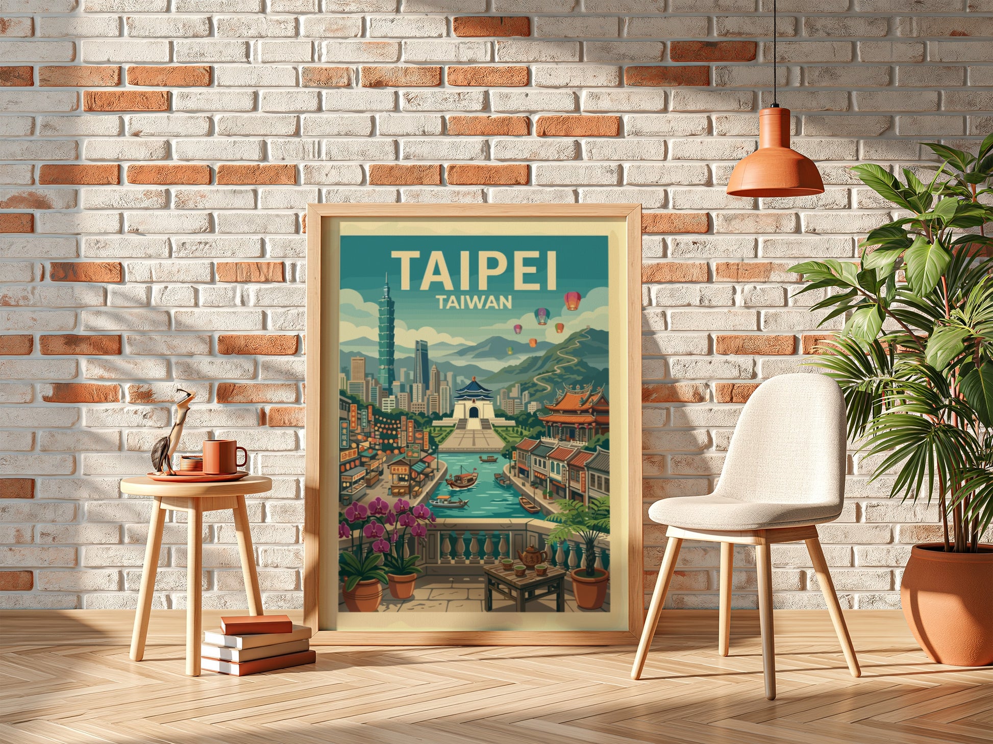 Taipei travel poster featuring a detailed illustration of the Taiwan cityscape with Taipei 101 and a canal.