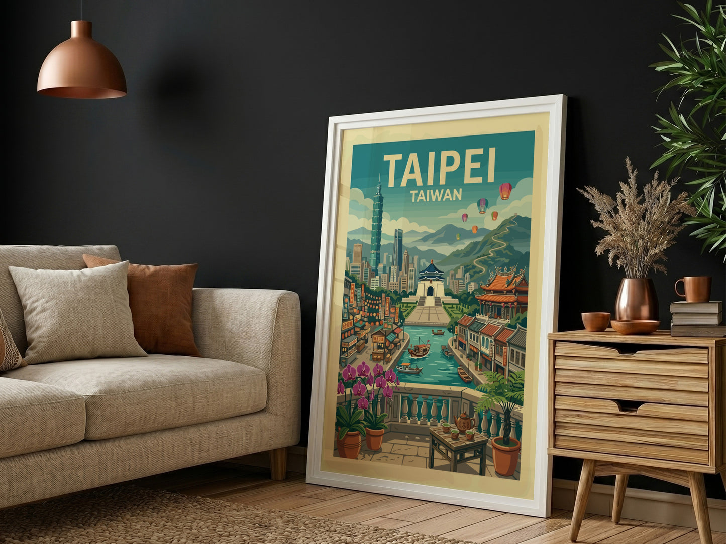 Taipei travel poster featuring a detailed illustration of the Taiwan cityscape with Taipei 101 and a canal.
