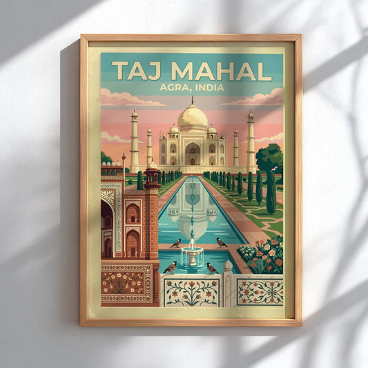 Taj Mahal Agra travel poster featuring a white marble monument with soft sunrise colours