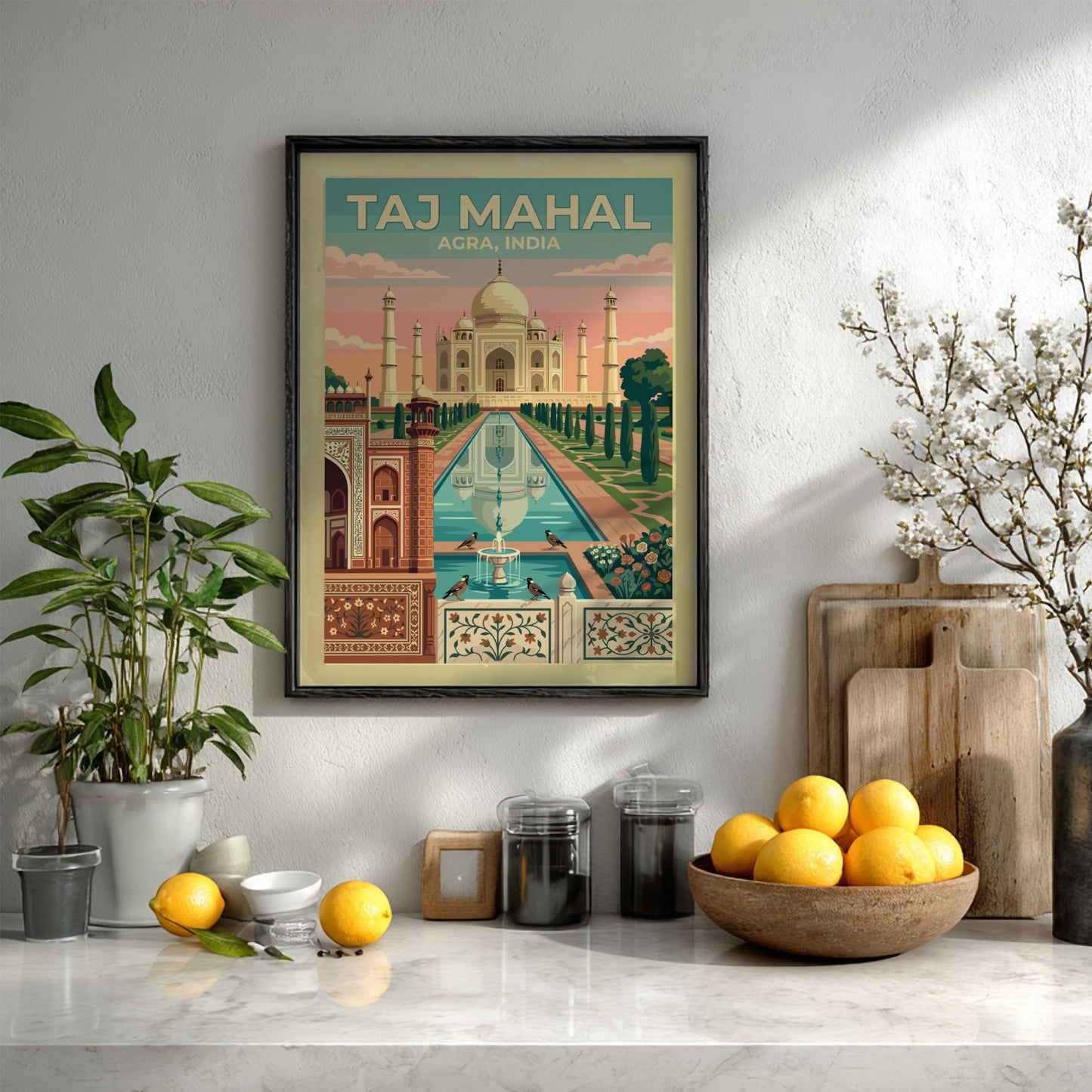 Taj Mahal Agra travel poster featuring a white marble monument with soft sunrise colours