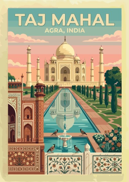 Taj Mahal Agra travel poster featuring a white marble monument with soft sunrise colours