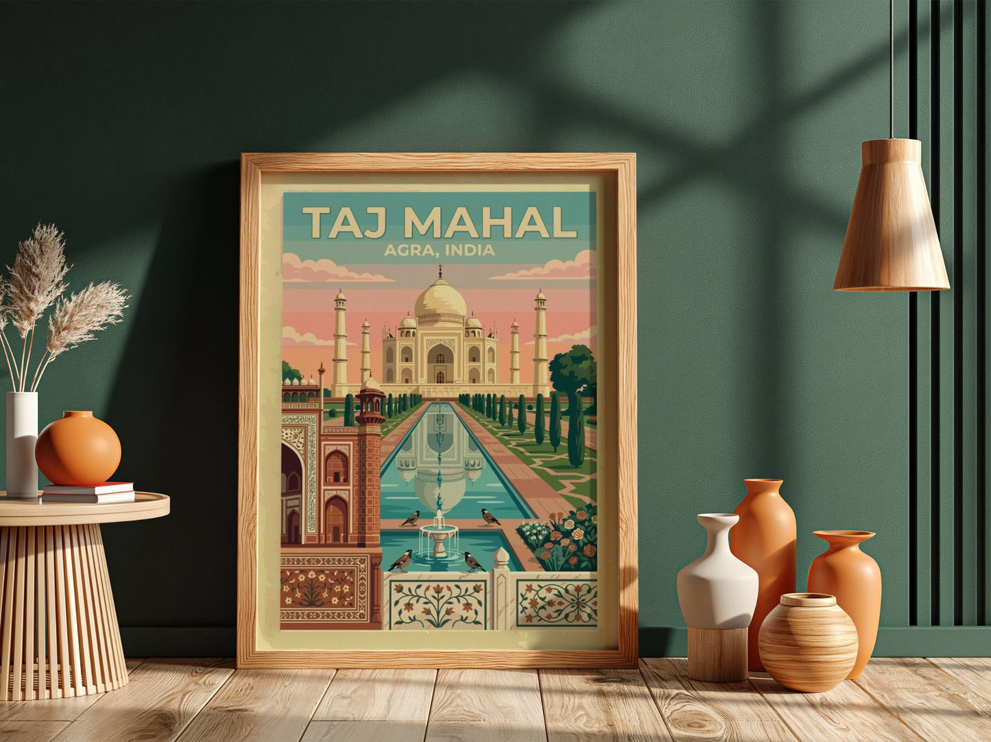 Taj Mahal Agra travel poster featuring a white marble monument with soft sunrise colours