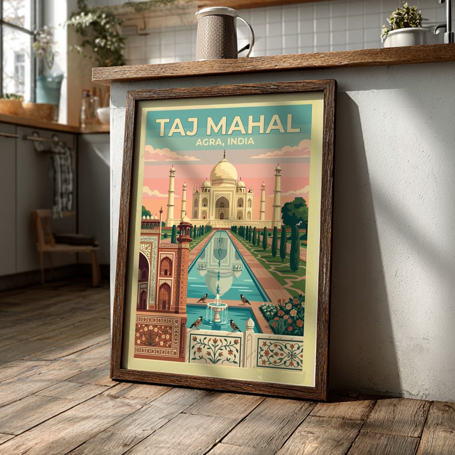 Taj Mahal Agra travel poster featuring a white marble monument with soft sunrise colours