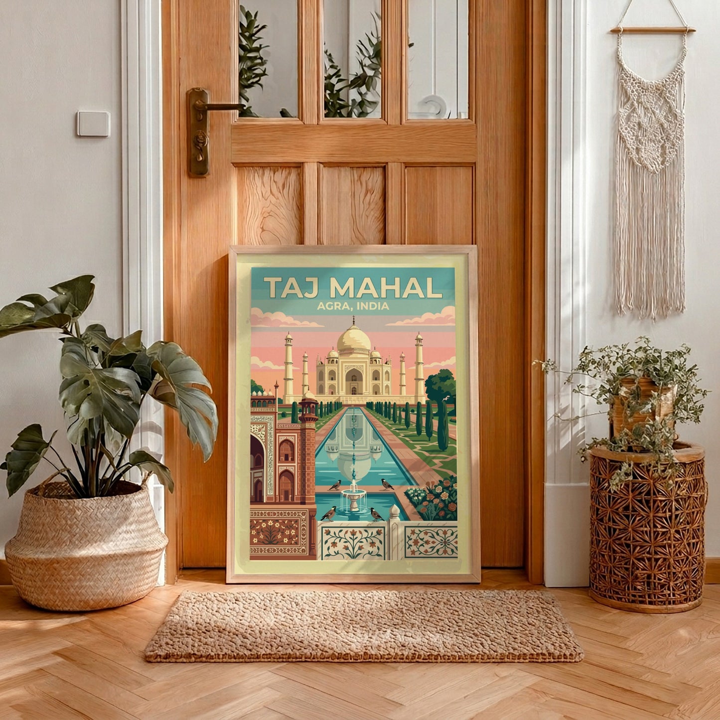 Taj Mahal Agra travel poster featuring a white marble monument with soft sunrise colours