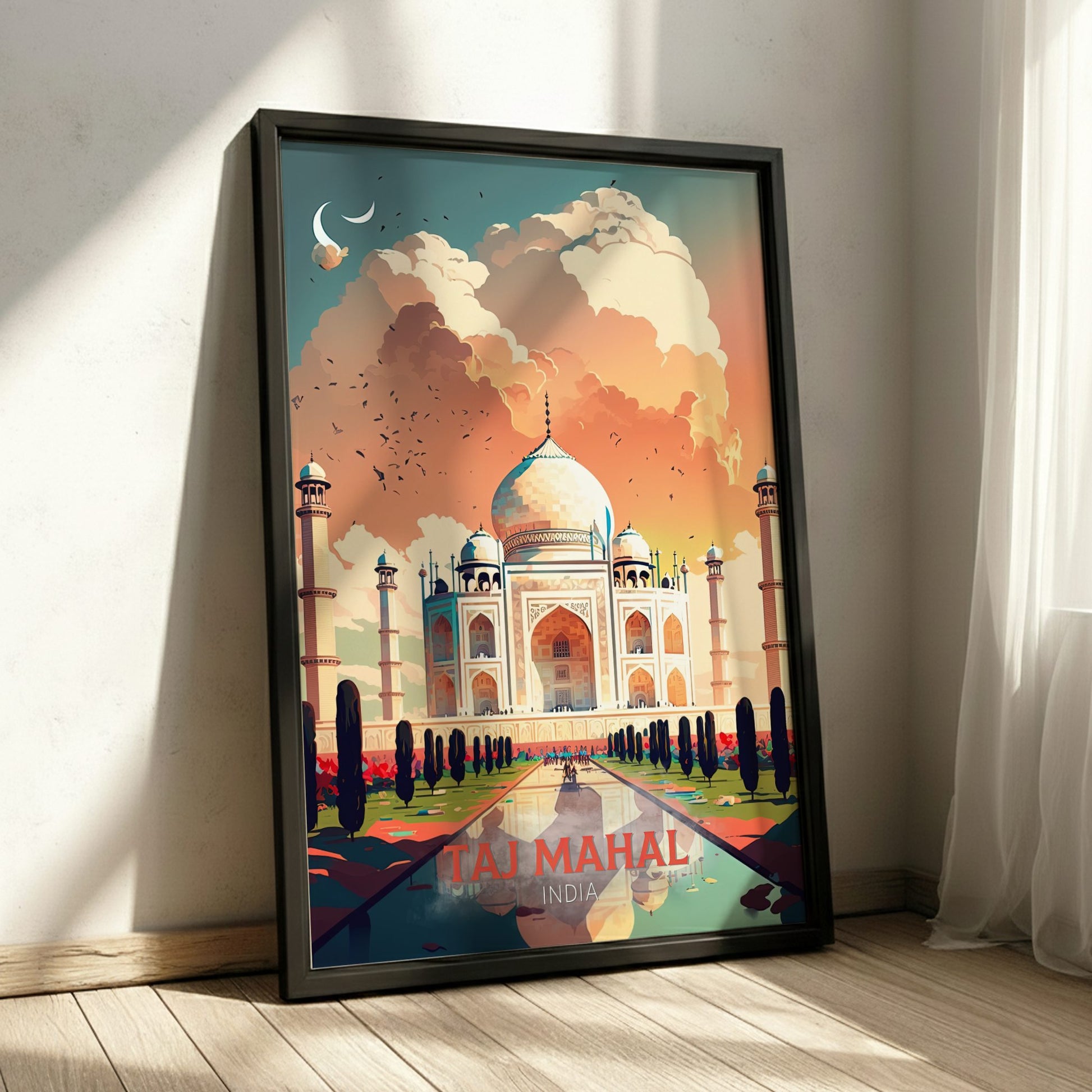 Framed poster of the Taj Mahal in a room with sunlight casting shadows.