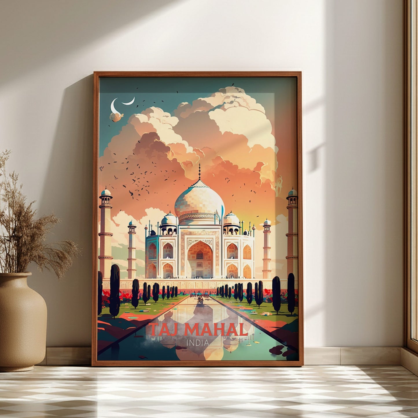 Framed poster of the Taj Mahal in a room with a vase and plant.