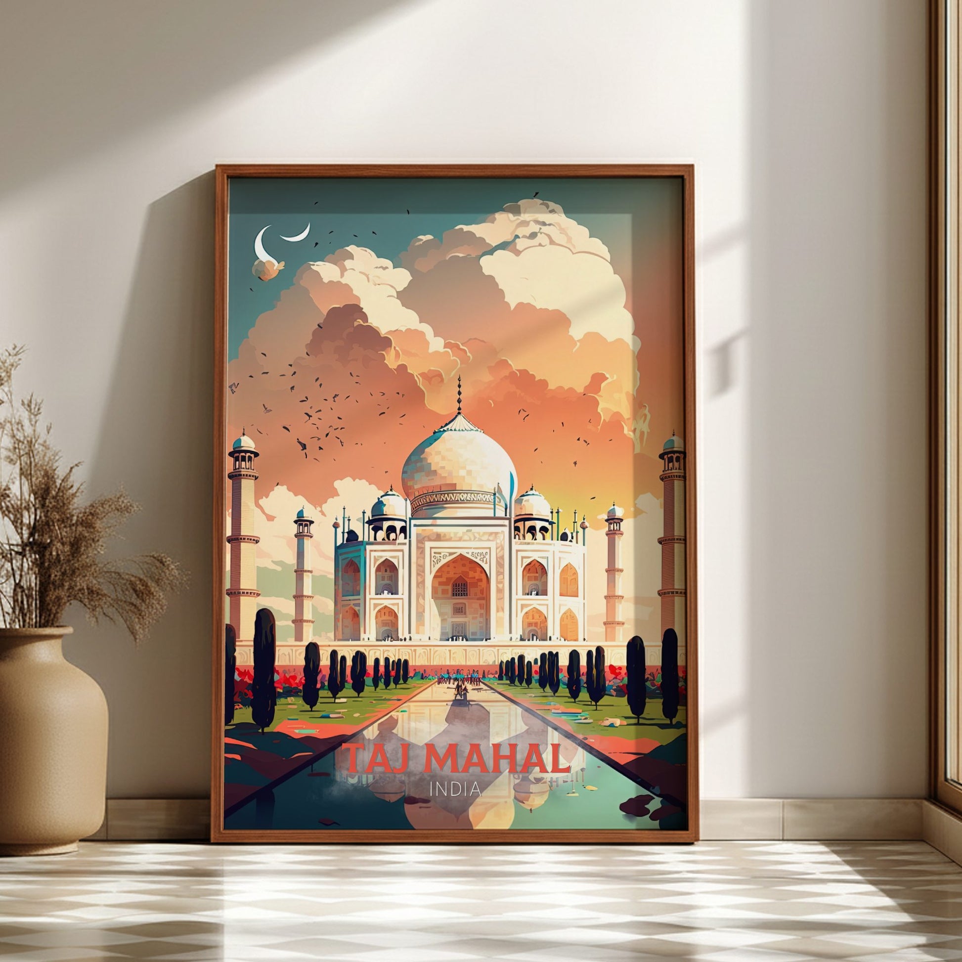 Framed poster of the Taj Mahal in a room with a vase and plant.