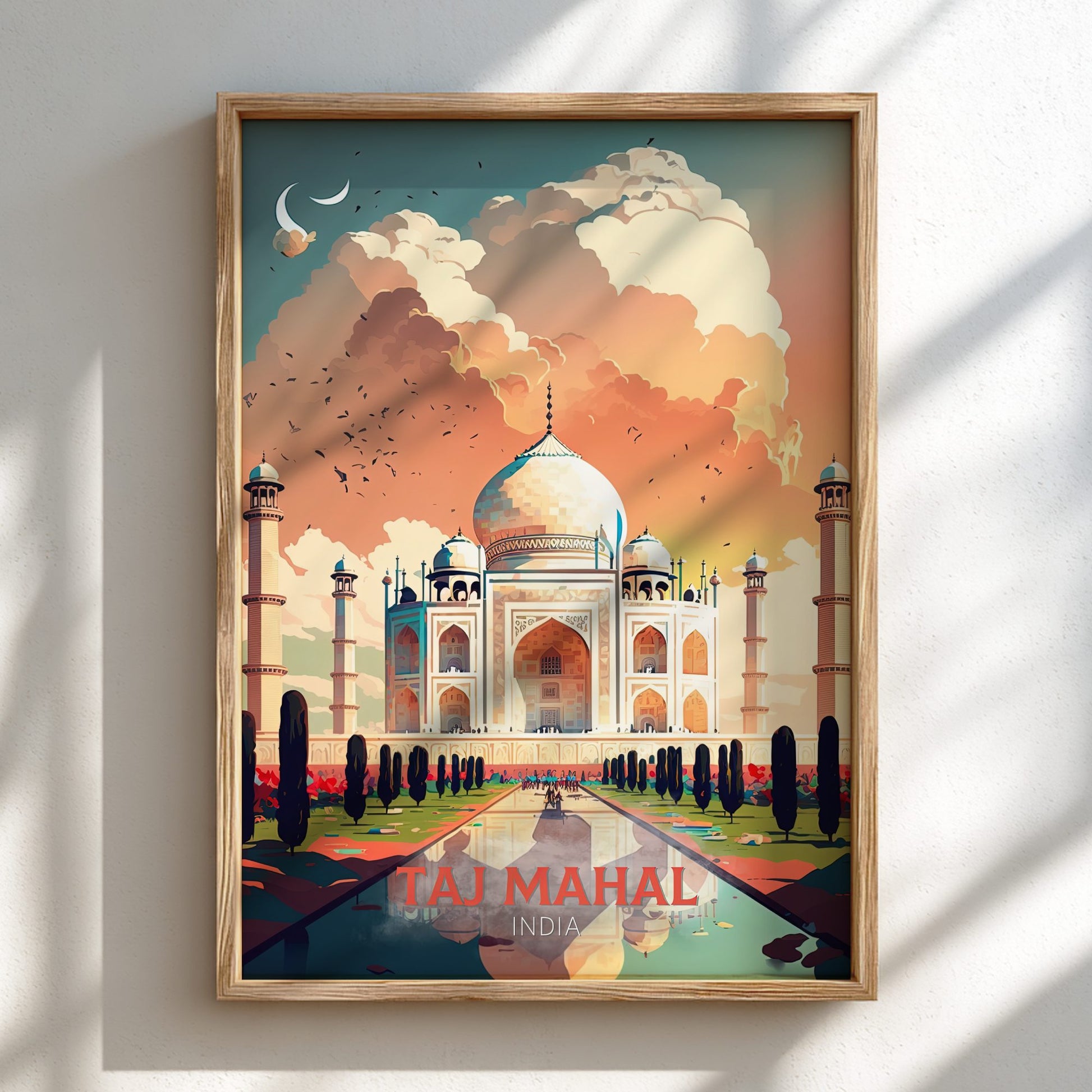 Framed artwork of the Taj Mahal with a colorful sky.