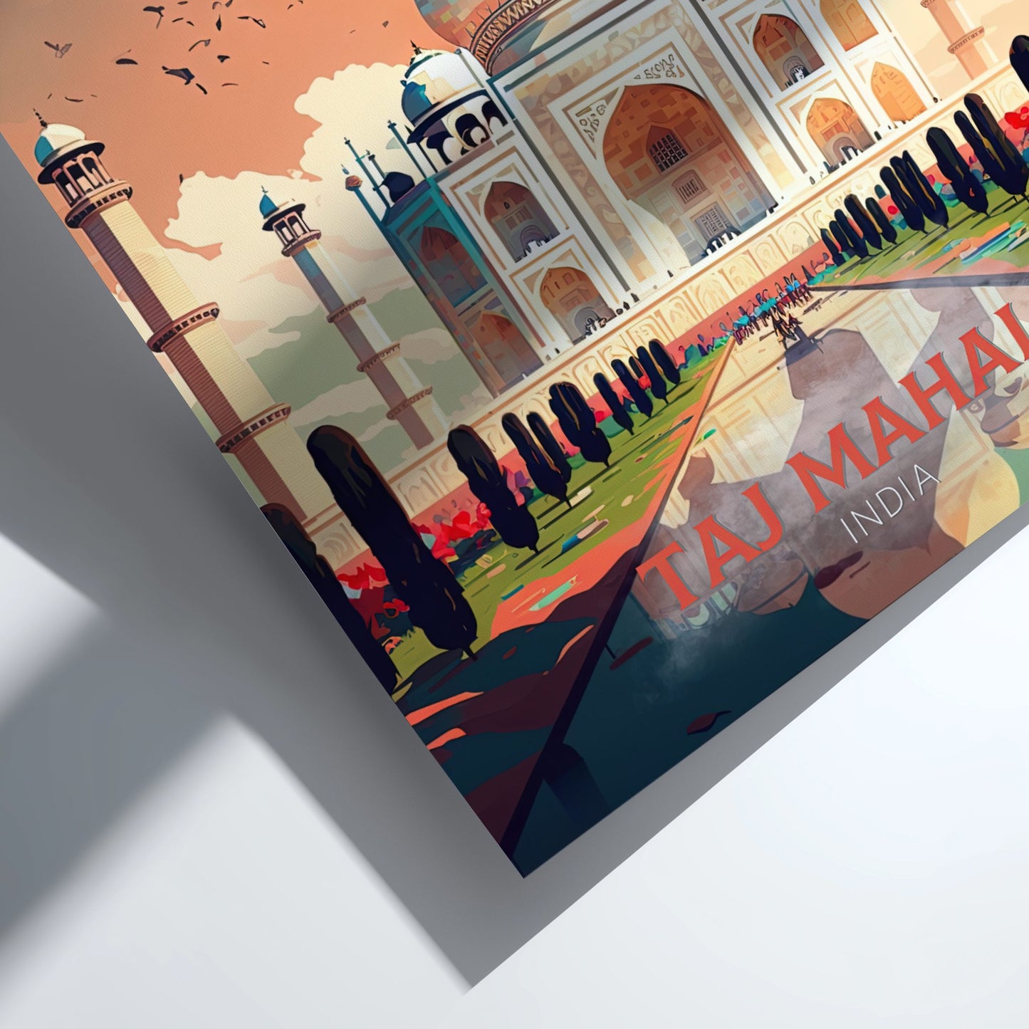 Illustration of the Taj Mahal with people visiting, set against a colorful sky.