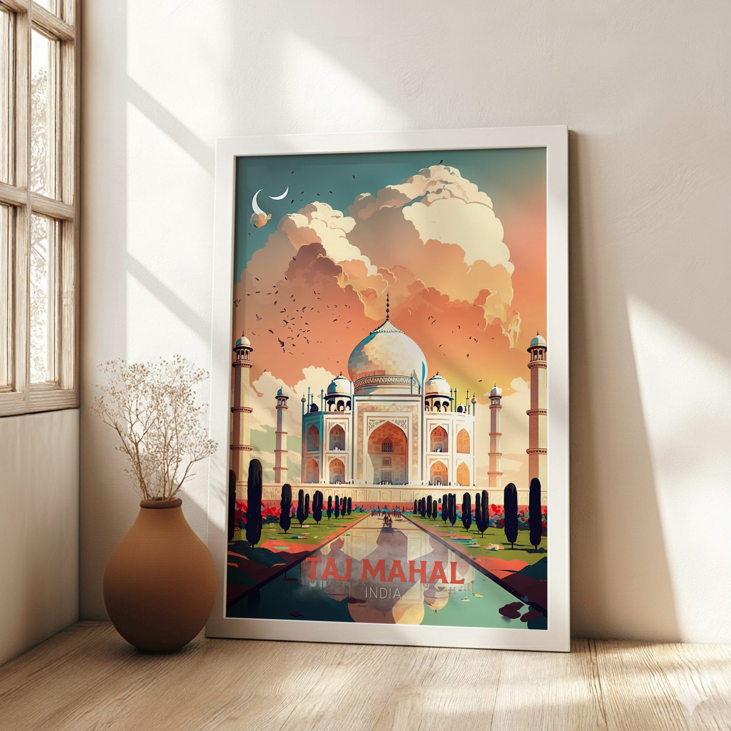 Framed poster of the Taj Mahal in a room with a vase and plant.