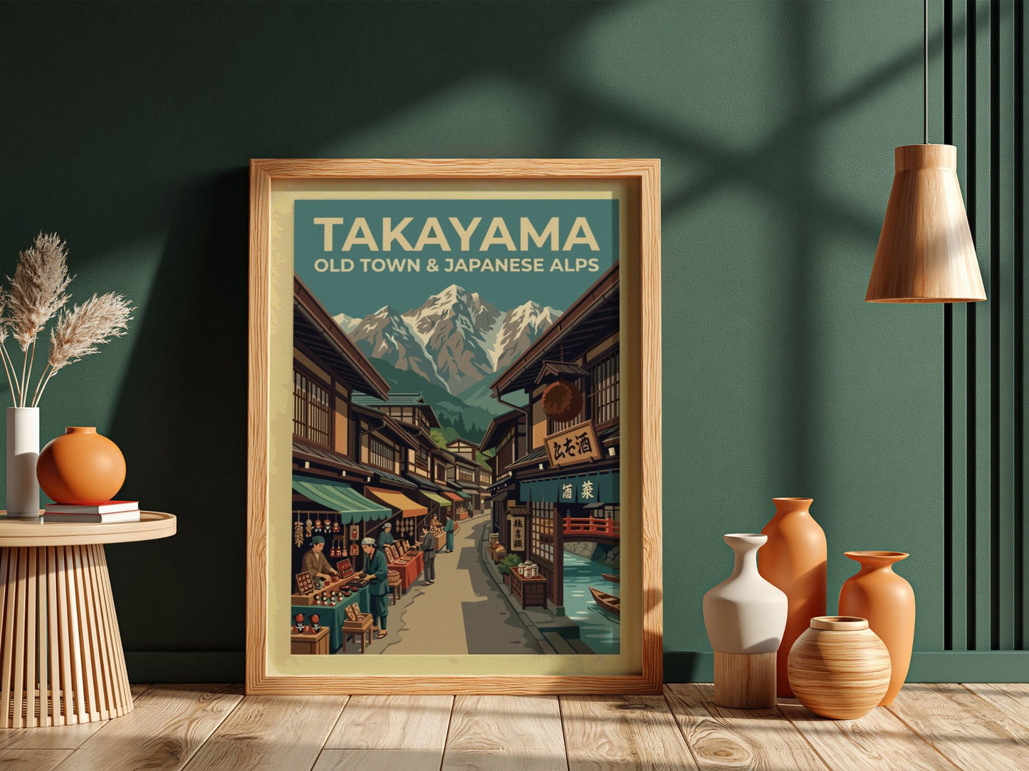 Vintage travel poster showing Takayama old town market stalls beneath snow-capped Japanese Alps