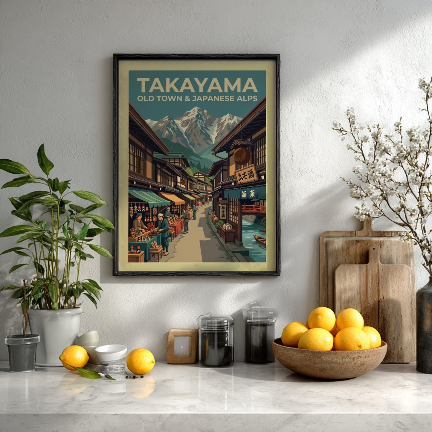 Vintage travel poster showing Takayama old town market stalls beneath snow-capped Japanese Alps