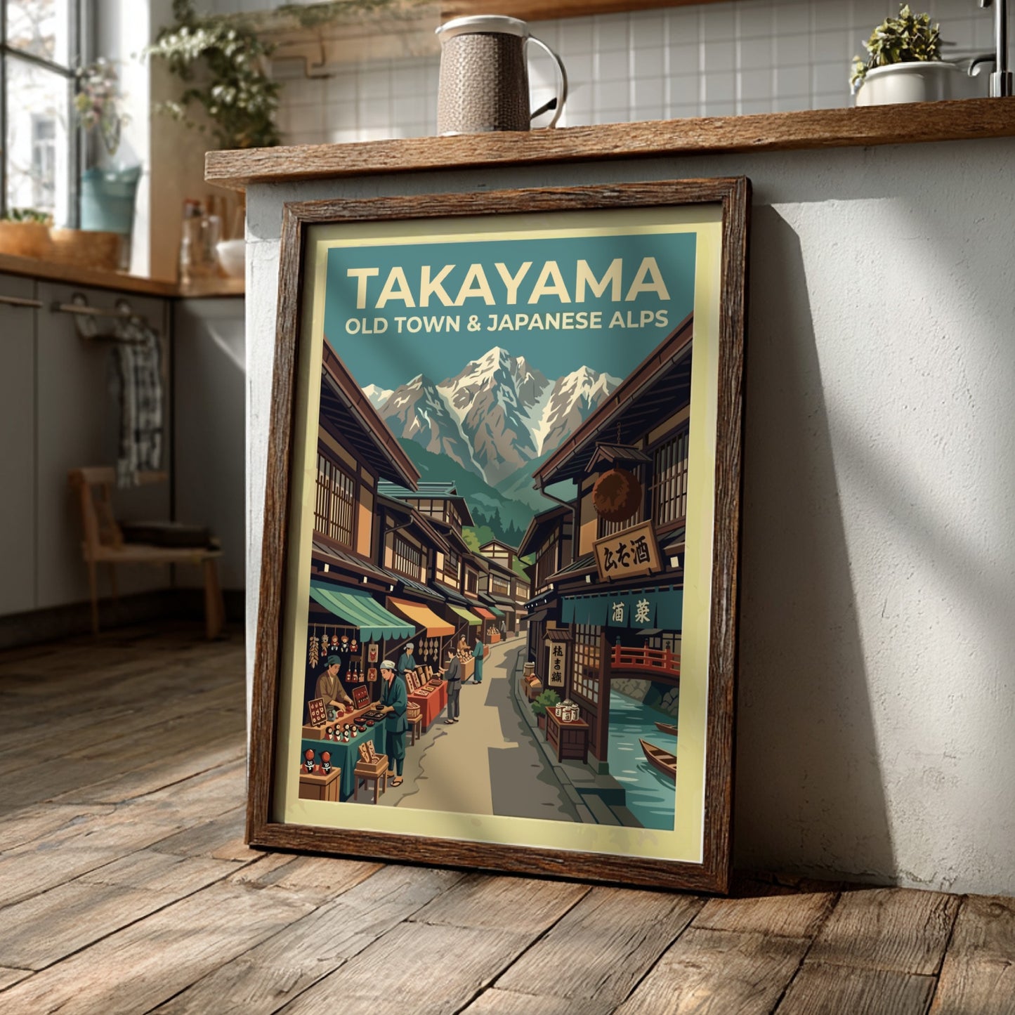 Vintage travel poster showing Takayama old town market stalls beneath snow-capped Japanese Alps