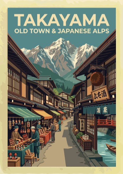 Vintage travel poster showing Takayama old town market stalls beneath snow-capped Japanese Alps