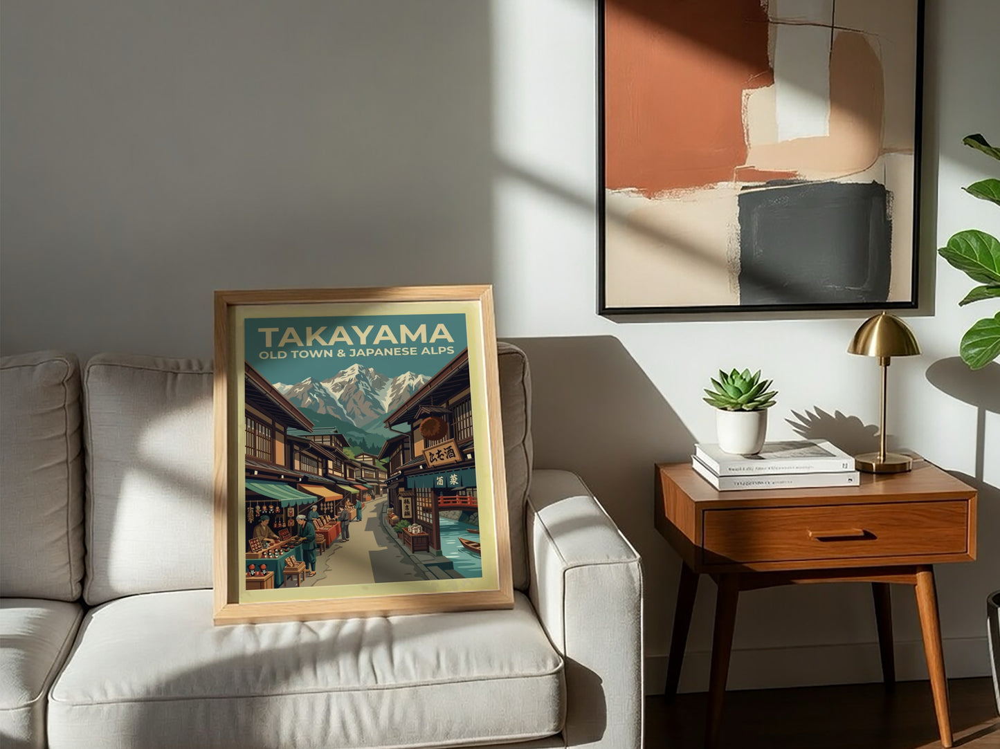 Vintage travel poster showing Takayama old town market stalls beneath snow-capped Japanese Alps