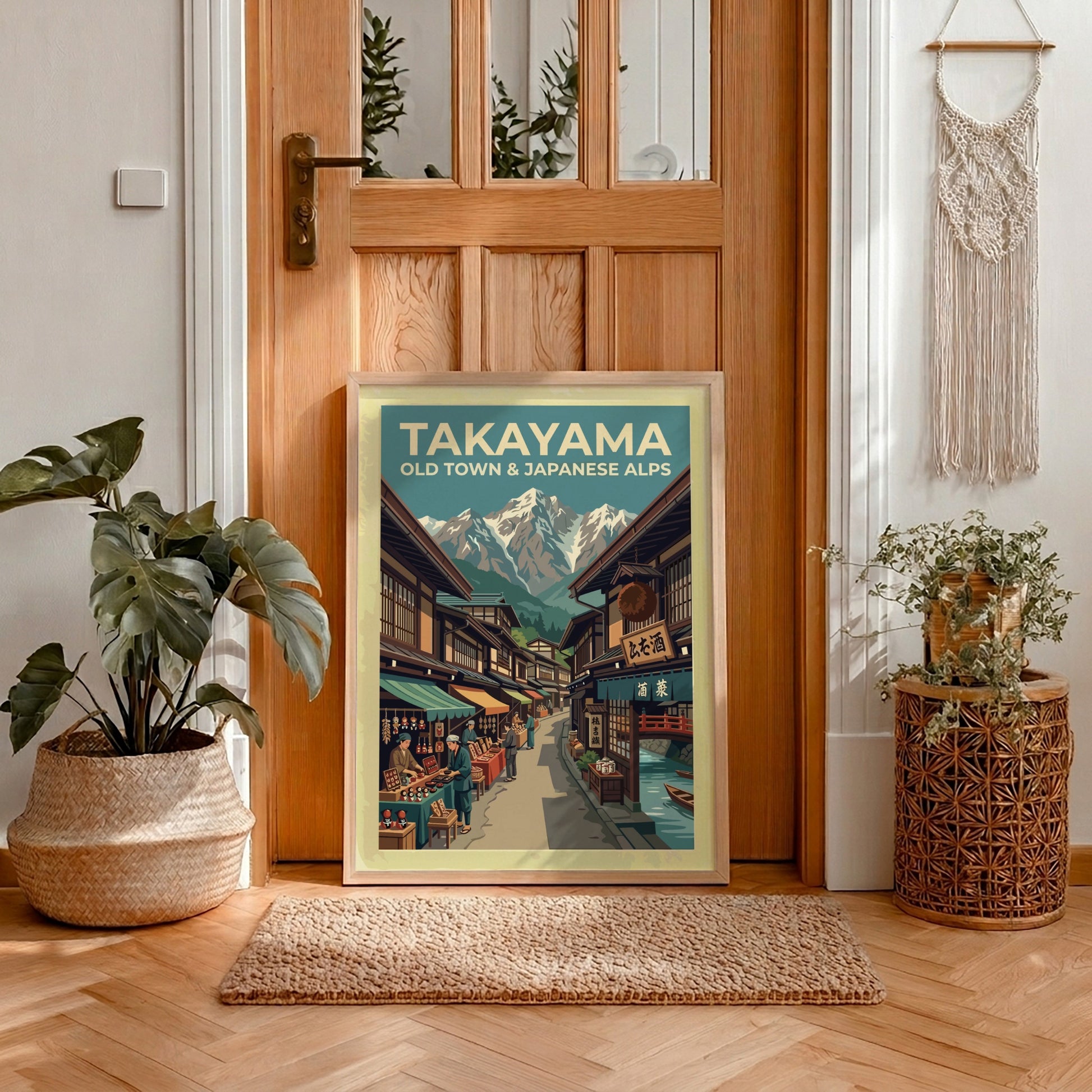 Vintage travel poster showing Takayama old town market stalls beneath snow-capped Japanese Alps