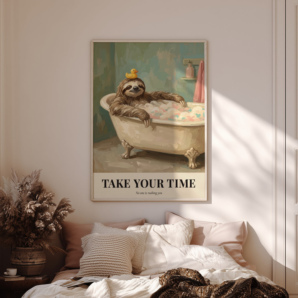 Poster featuring a relaxed sloth in a bubble bath with a rubber ducky overhead.