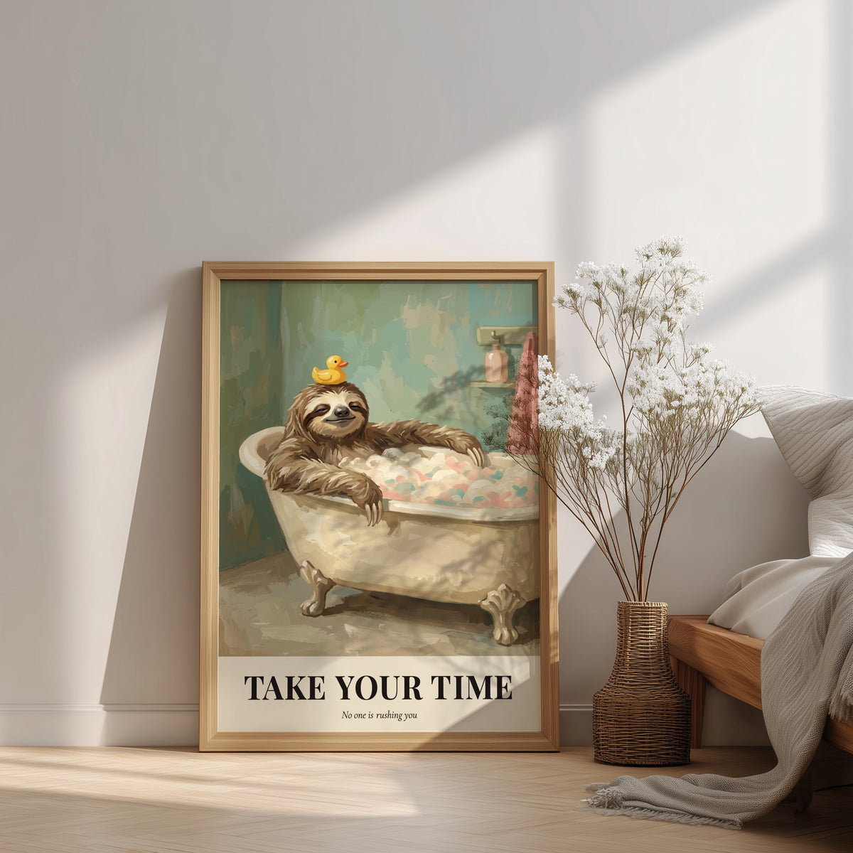 Poster featuring a relaxed sloth in a bubble bath with a rubber ducky overhead.