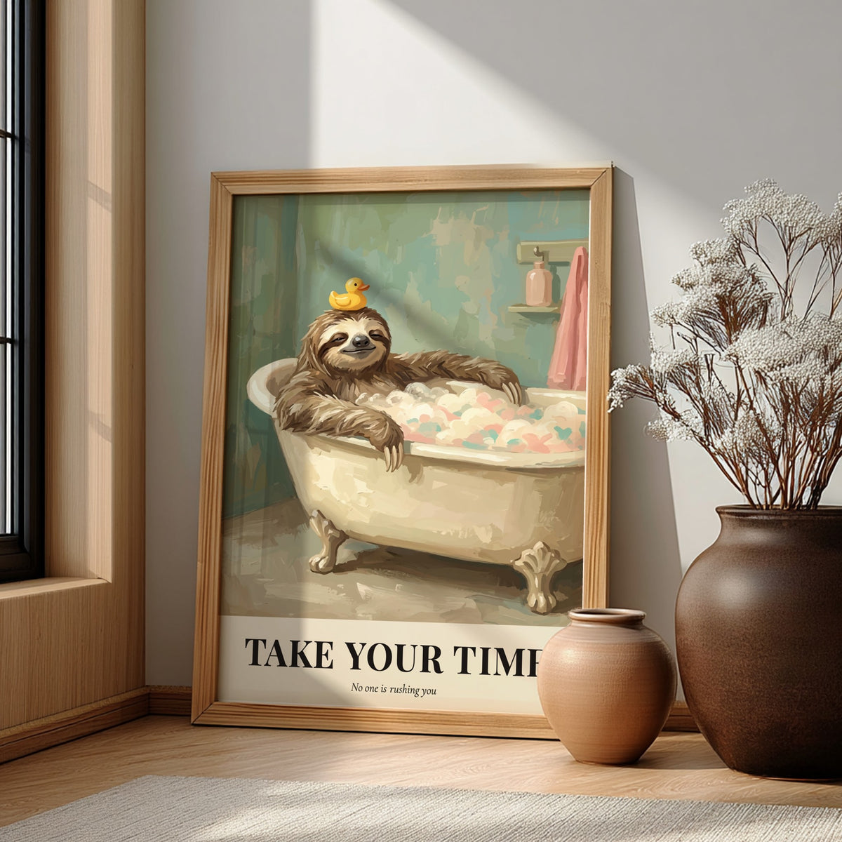 Poster featuring a relaxed sloth in a bubble bath with a rubber ducky overhead.