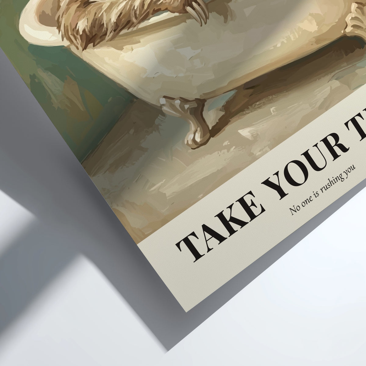 Poster featuring a relaxed sloth in a bubble bath with a rubber ducky overhead.