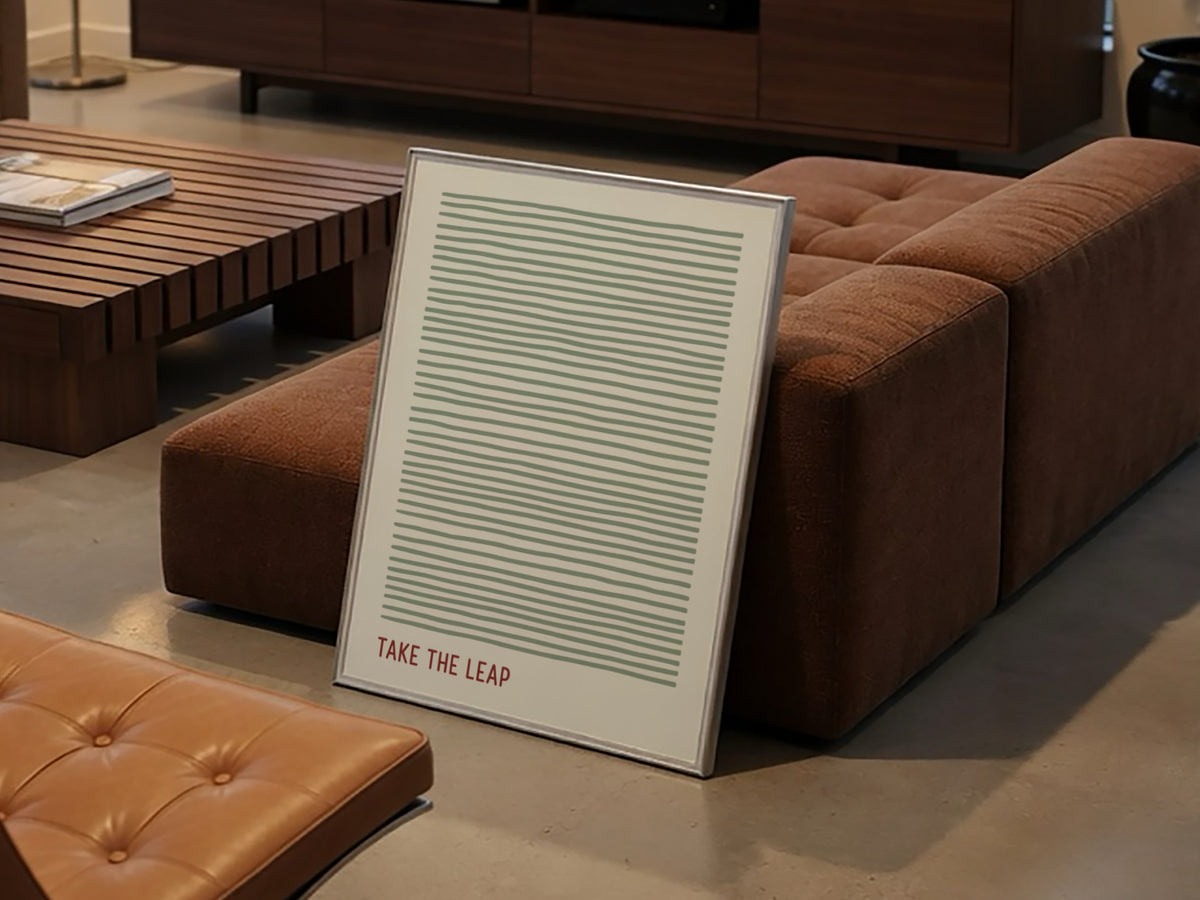 Motivational poster featuring soft sage green horizontal lines and the quote Take The Leap