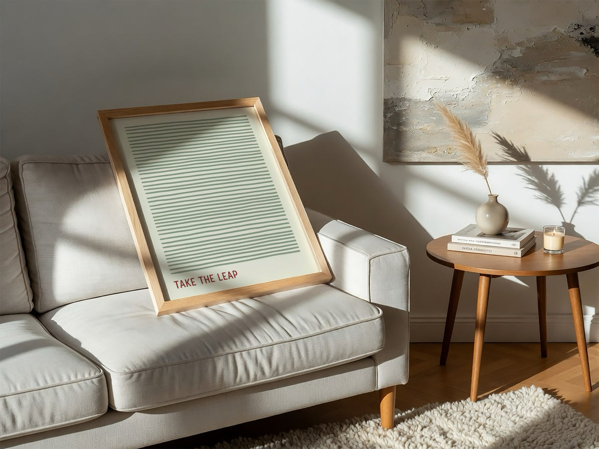 Motivational poster featuring soft sage green horizontal lines and the quote Take The Leap